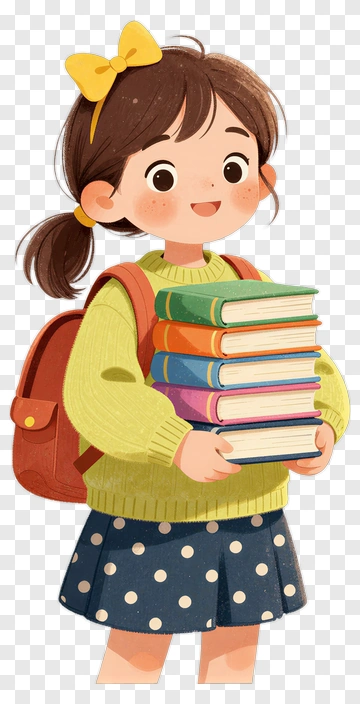 Cartoon Girl Holding Stack Of Books PNG