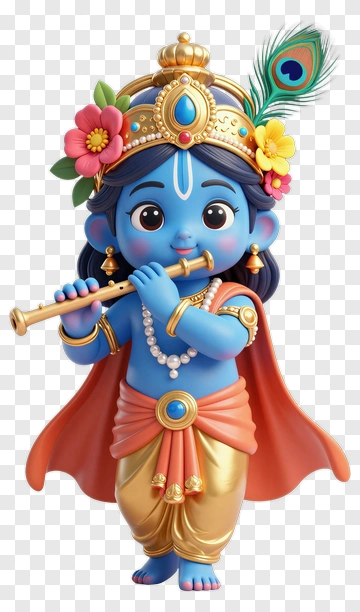 3D Krishna Playing Flute With Colorful Flowers PNG