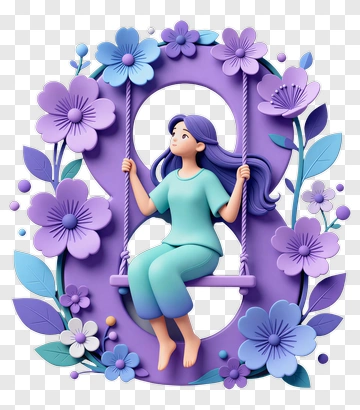 3D Girl Swinging Surrounded By Flowers PNG