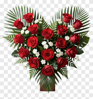 Heart-Shaped Bouquet Of Red Roses And White Flowers PNG