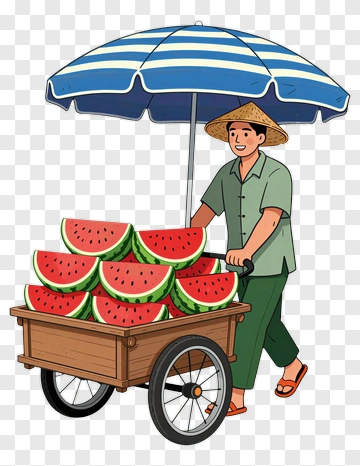 Fruit Vendor Pushing A Watermelon Cart PNG