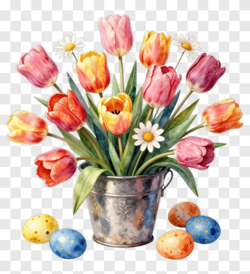 Colorful Tulip Bouquet In A Silver Bucket With Easter Eggs PNG