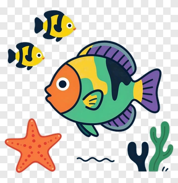 Colorful Fish Swimming With Starfish And Seaweed PNG