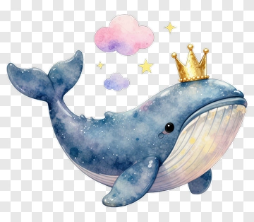 Cartoon Whale With Crown And Clouds PNG