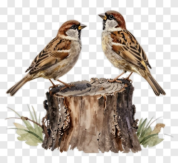 Two Sparrows On A Tree Stump PNG