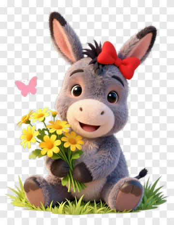 Cartoon Donkey Holding A Bouquet Of Flowers PNG