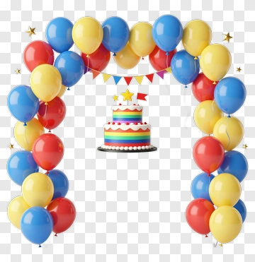 Colorful Balloon Arch With A Birthday Cake PNG