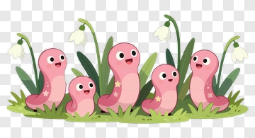 Cartoon Pink Worms In A Garden PNG