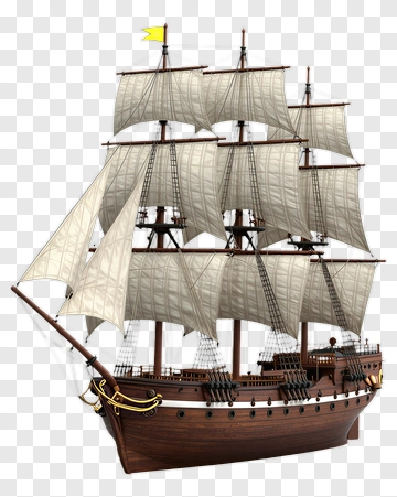 3D Sailing Ship With White Sails PNG