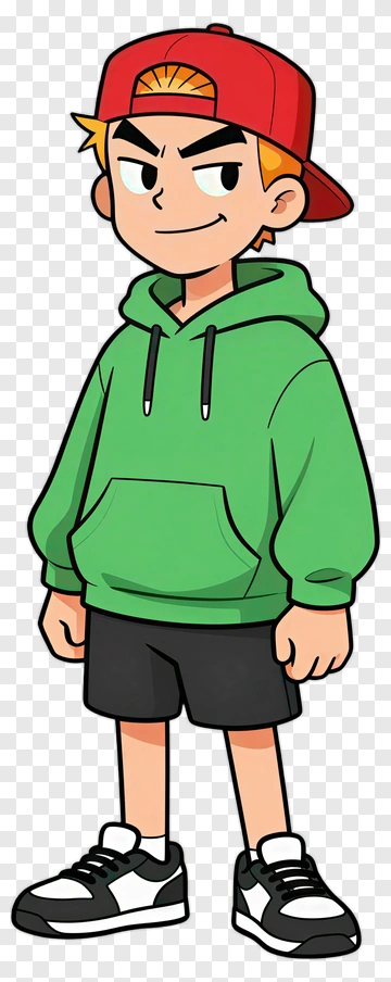 Cartoon Boy In Green Hoodie And Red Cap PNG