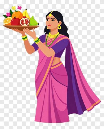 Woman In Pink Saree Holding A Tray Of Fruits PNG