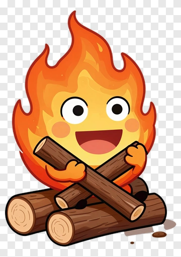 Cartoon Fire Character Sitting On Logs PNG