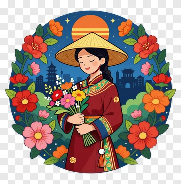 Woman Holding A Bouquet Of Flowers In Traditional Attire PNG