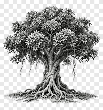 Black And White Tree With Intricate Roots PNG