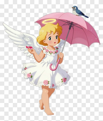 Cartoon Angel Holding A Pink Umbrella PNG