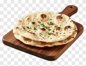 Freshly Baked Naan Bread On A Wooden Board PNG
