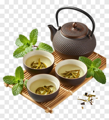 Tea Set With Green Tea And Mint Leaves PNG