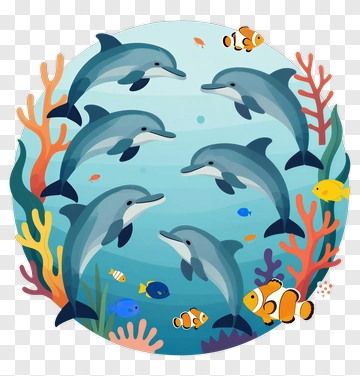 Cartoon Dolphins Swimming In A Coral Reef PNG