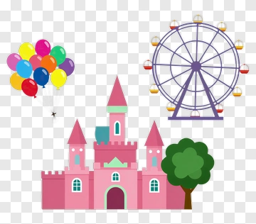 Colorful Amusement Park Scene With Castle And Ferris Wheel PNG