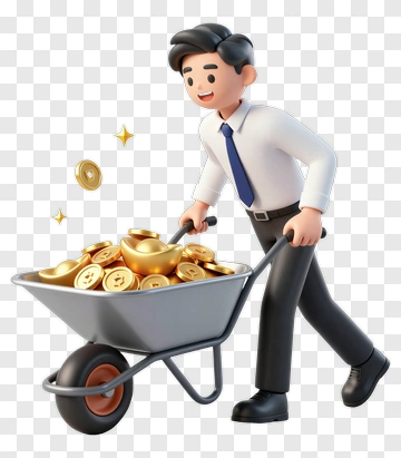 3D Businessman Pushing A Wheelbarrow Full Of Coins PNG