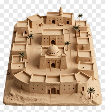 Desert Fortress Model With Palm Trees PNG