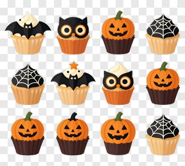 Halloween Cupcake Collection With Bats And Pumpkins PNG