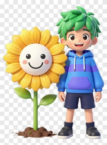 Cartoon Boy Standing Next To A Happy Flower PNG