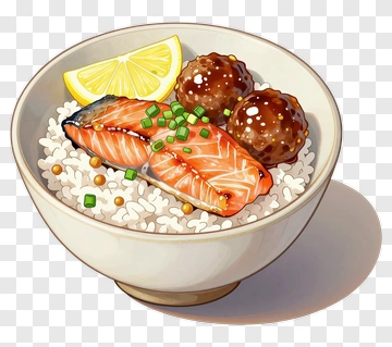 Bowl Of Salmon And Meatballs With Rice PNG