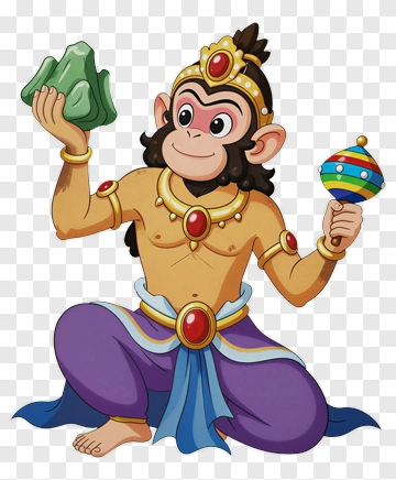 Cartoon Monkey Holding A Rock And A Spinning Top PNG