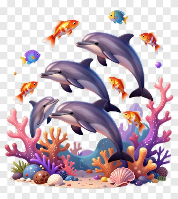 Colorful Dolphins Swimming Among Coral And Fish PNG