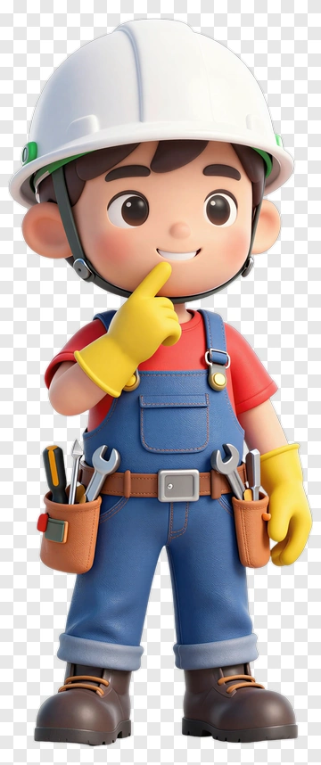 3D Boy Wearing Construction Gear And Holding His Finger To His Chin PNG