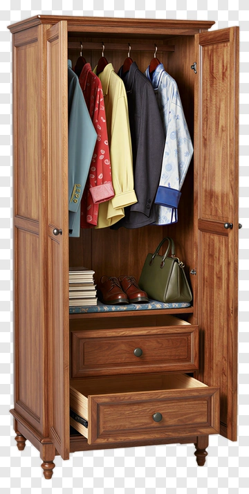 Wooden Wardrobe With Clothes And Shoes PNG