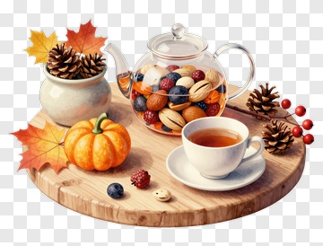 Autumn Tea Set With Pumpkin And Nuts PNG