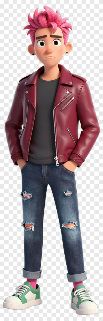 3D Character With Pink Hair And Leather Jacket PNG