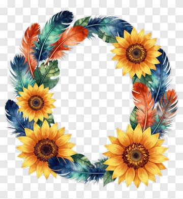 Colorful Floral Wreath With Sunflowers And Feathers PNG