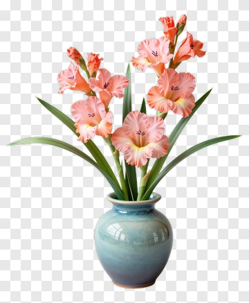 Pink Gladiolus Flowers In A Blue Vase PNG