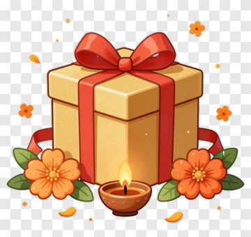 Gift Box With Flowers And Diya PNG