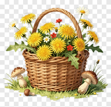 Flower Basket With Daisies And Mushrooms PNG