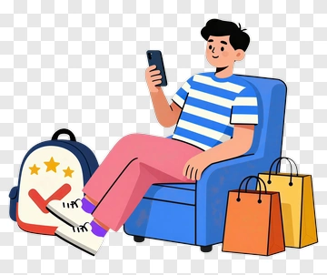 Young Man Sitting On Chair With Shopping Bags And Smartphone PNG