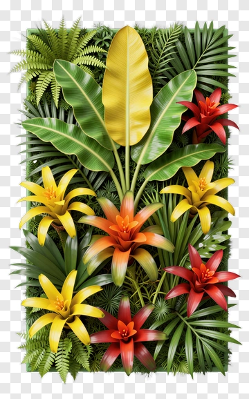 Tropical Flower Arrangement With Green Leaves PNG