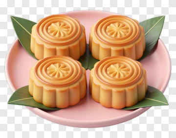Mooncakes On A Pink Plate With Leaves PNG