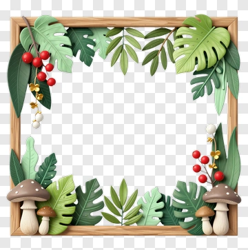 Tropical Leaf Frame With Mushrooms And Berries PNG