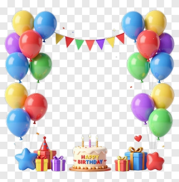 Colorful Birthday Celebration With Cake And Balloons PNG