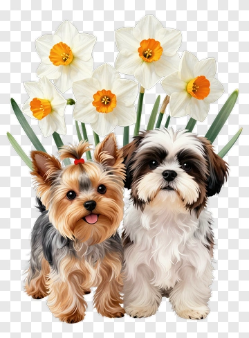 Yorkshire Terrier And Shih Tzu With Daffodils PNG