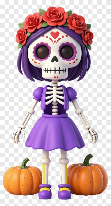 Cartoon Skeleton Girl With Pumpkins PNG