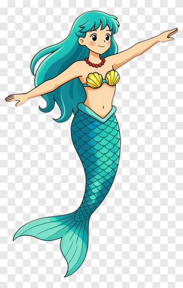 Cartoon Mermaid With Blue Hair And Seashell Top PNG