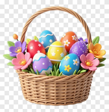 Easter Basket Filled With Colorful Eggs And Flowers PNG