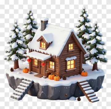 3D Winter Cabin Surrounded By Snowy Pine Trees PNG