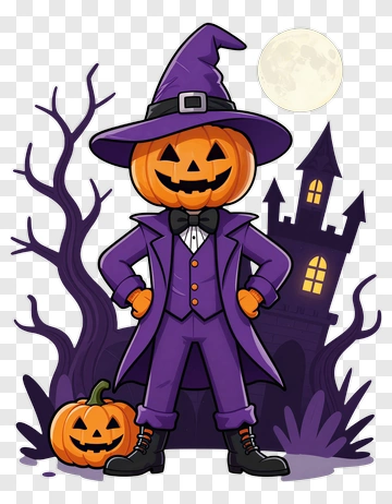 Cartoon Pumpkin Man In A Purple Suit PNG