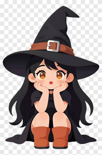 Cartoon Witch Sitting With Hands On Face PNG